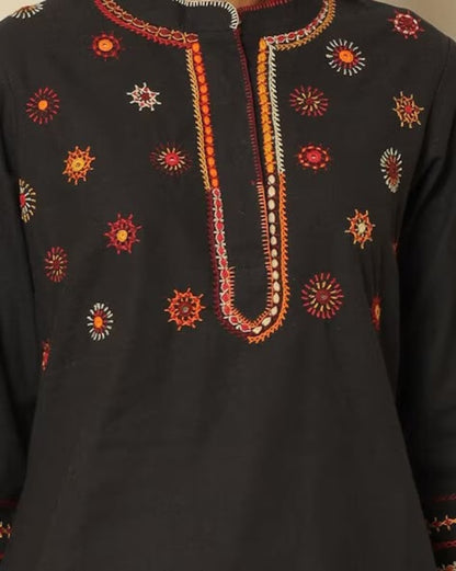 Ethnic cotton/Kutch/Rajasthan/ Thread work Mirror work/ kurta/ dress/ Tunic/ Dabu Print kurta with an ethnic jacket and pants /Embroidered /