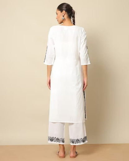 Chikankari Kashida Embroidery Kurta Palazzo Set/ Pure Cotton/ Thread work/ Embroidered/ Boho/ Summer/