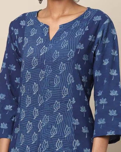 Indigo Hand Block Print Straight Sustainable Kurta with Pockets/ Organic Cotton/ Dabu Print