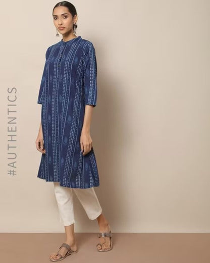 Indigo Hand Block Print Straight Sustainable Kurta with Pockets/ Organic Cotton/ Dabu Print