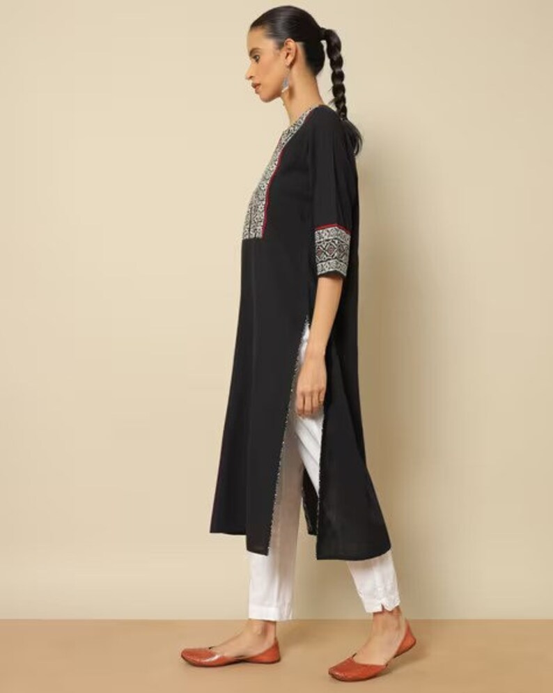 Ethnic Mirror Work Kurta/ Long straight Tunic/ Thread Work/Cotton/ Handmade/