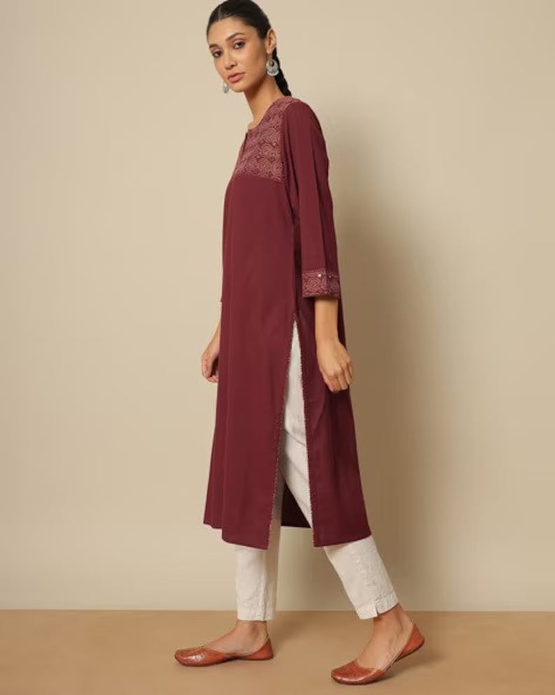 Ethnic Mirror Work Kurta/ Long straight Tunic/ Thread Work/Cotton/ Handmade/