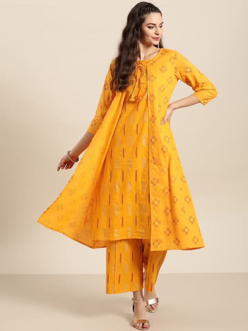 Women Mustard Yellow & Red Pure Cotton Ikat kurta with Palazzos/Tunic/Long Dress/Tassel/Bohemian/Traditional/India/Summer/