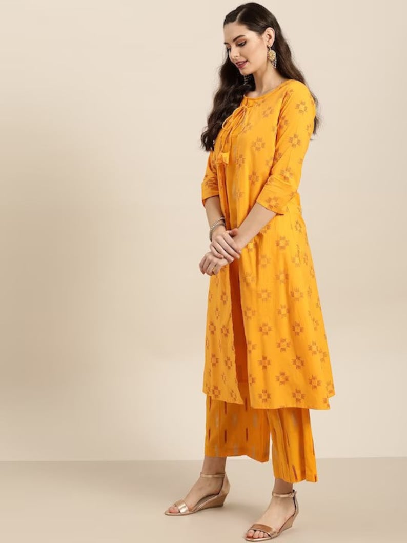 Women Mustard Yellow & Red Pure Cotton Ikat kurta with Palazzos/Tunic/Long Dress/Tassel/Bohemian/Traditional/India/Summer/