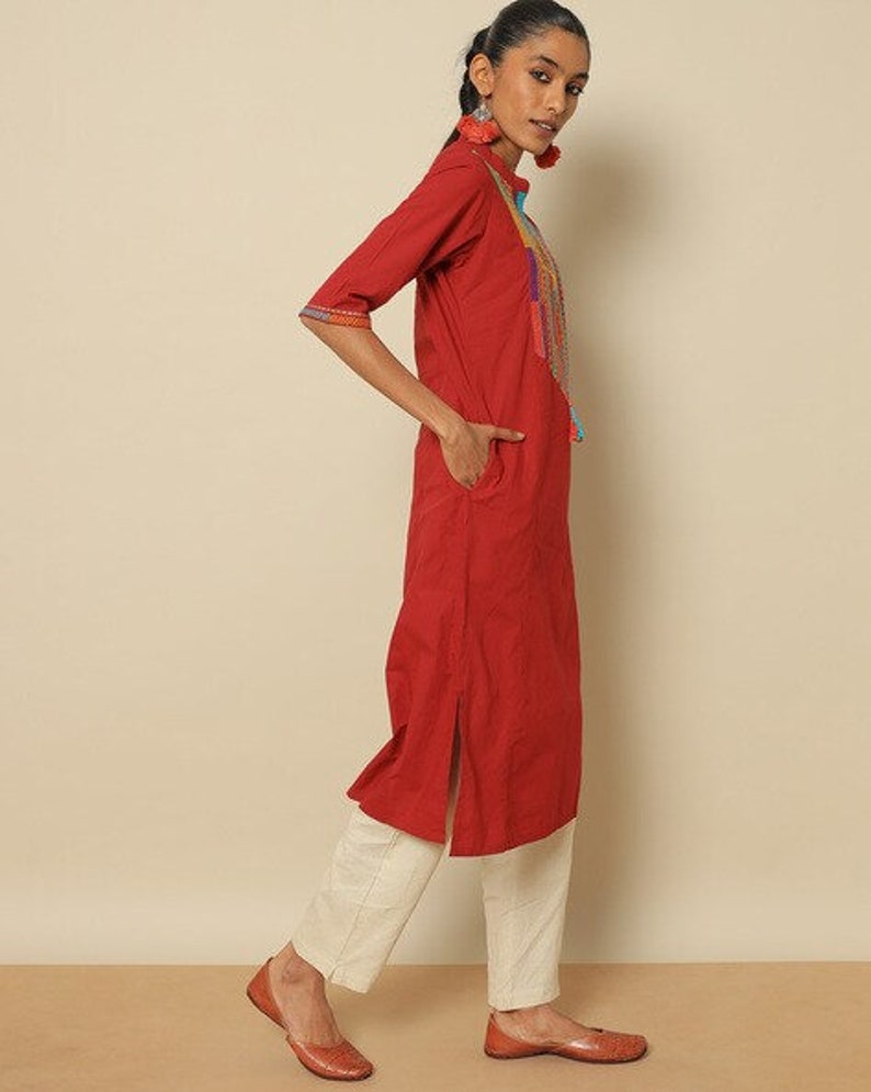 Ethnic Mirror Work Kurta/ Long straight Tunic/ Thread Work/Cotton/ Handmade/