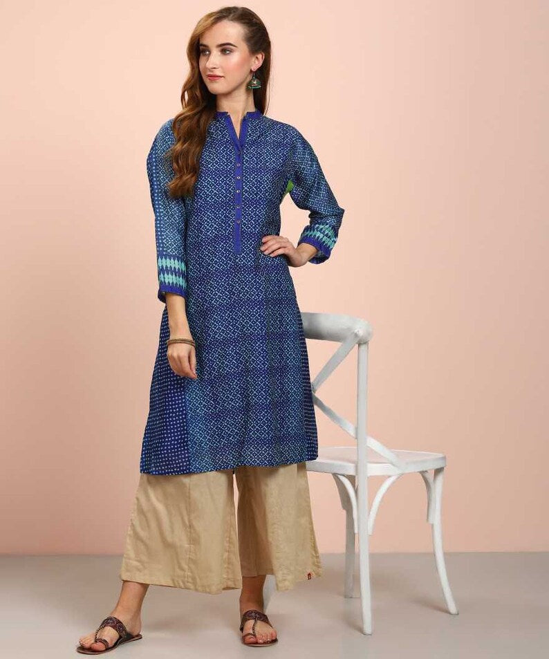 Cotton Linen Ethnic Kurti/ Block Print/Dabu Print Long Linen Dress/ Kurta/ Cotton Silk/ Organic/ Indigo/