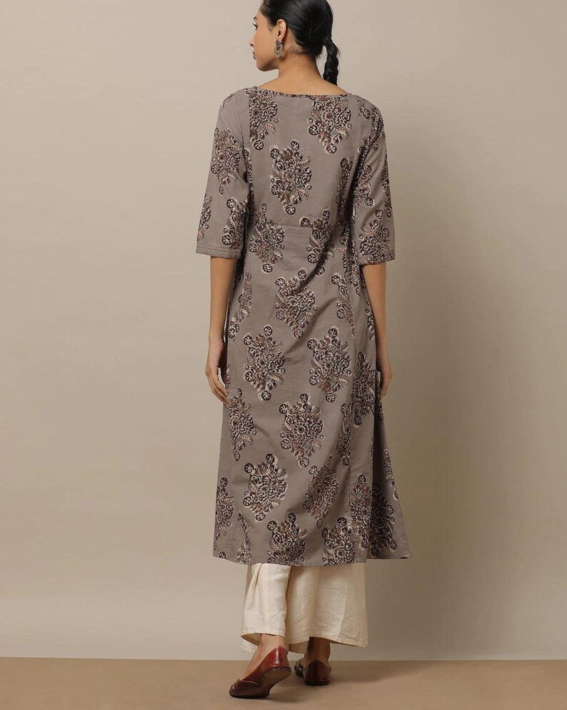 Cotton Ethnic Long Dress/ Shirt Dress/ Kurti/ Hand Block/ Batik Print/ Floral Print/