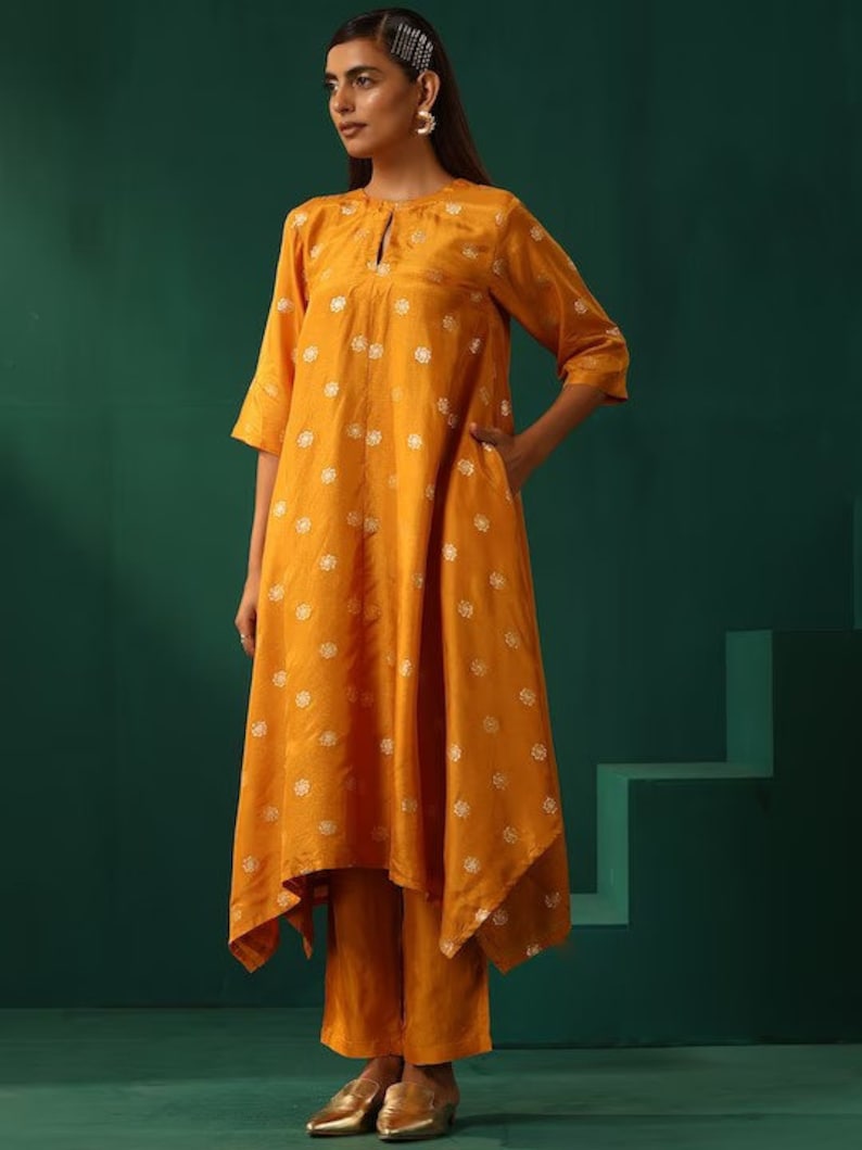 Salwar Kameez/Pakistani Dress/ Modal Silk/Floral Woven Design Anarkali Kurta with Trousers/Long Ethnic Dress/ Kurti/ Silk/