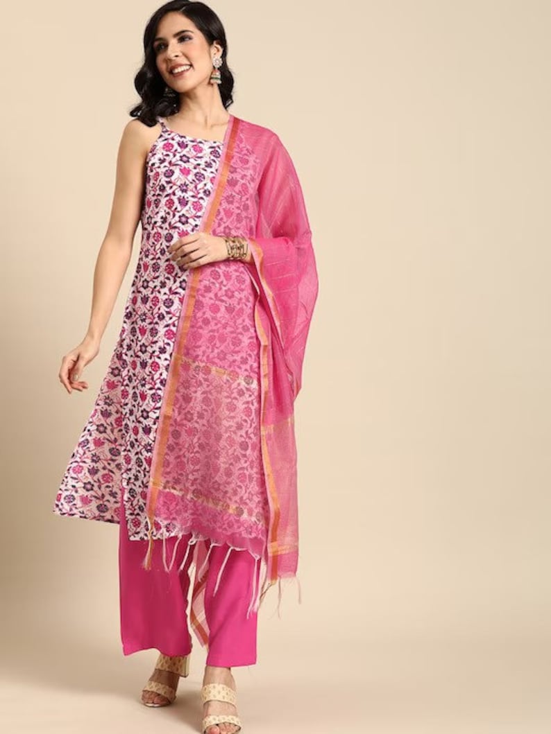 Summer Cotton Kurta Set with Dupatta and Pant / India/ Handcrafted/