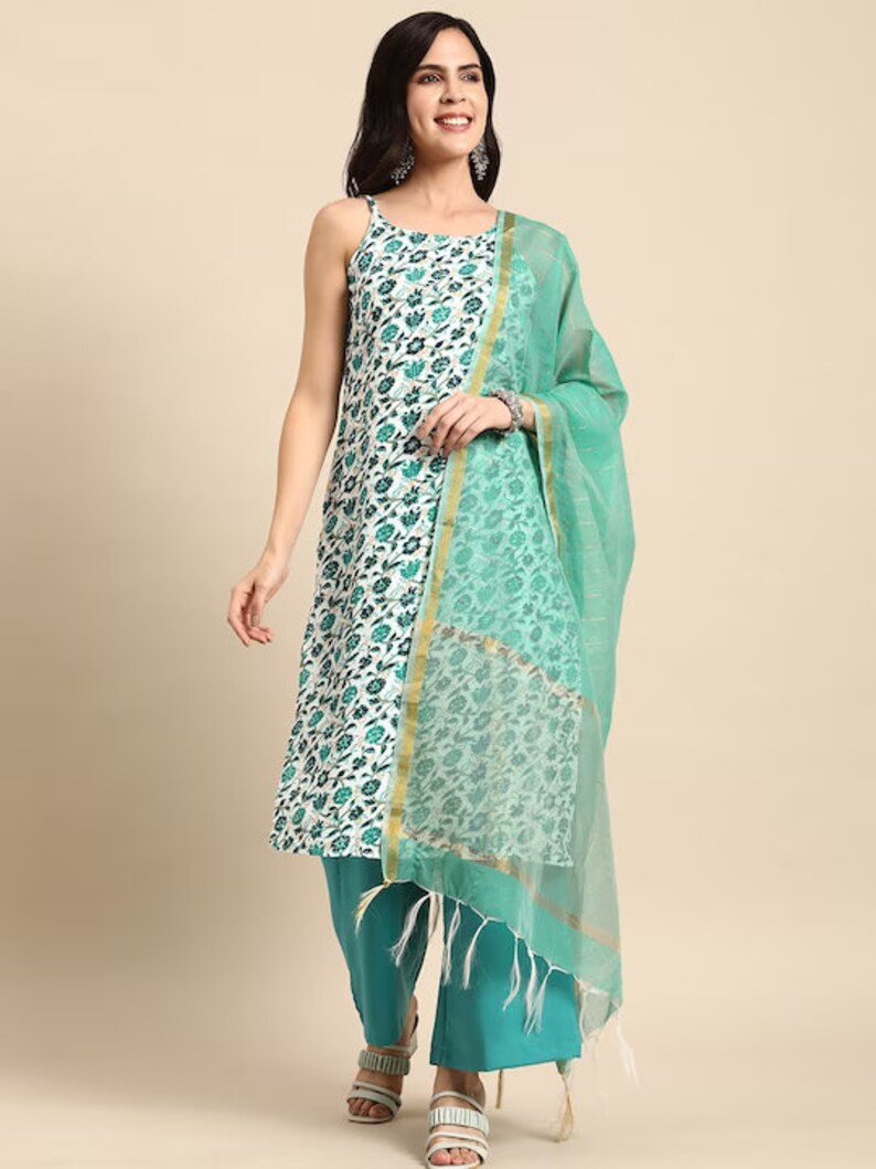 Summer Cotton Kurta Set with Dupatta and Pant / India/ Handcrafted/