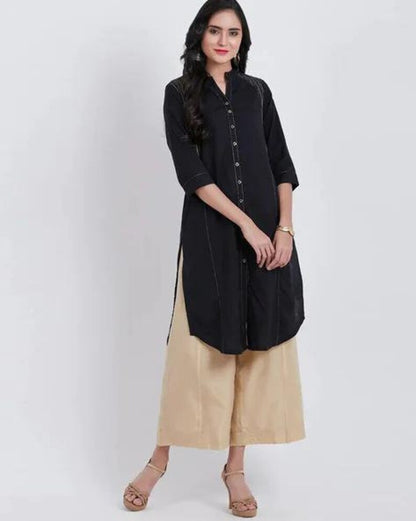 Black Embroidered Kanth work Cotton Kurta/ Indian Kurta/ Long Linen Dress/