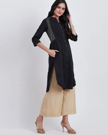 Black Embroidered Kanth work Cotton Kurta/ Indian Kurta/ Long Linen Dress/