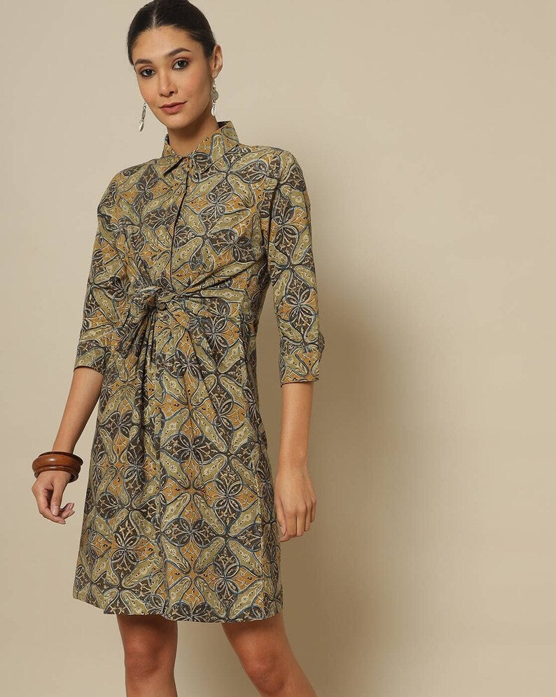 Linen Wrap Dress with belt /Tie-Back Detail/with pockets - split neck/3/4 sleeve/ shift dress/ Summer Cotton Dress