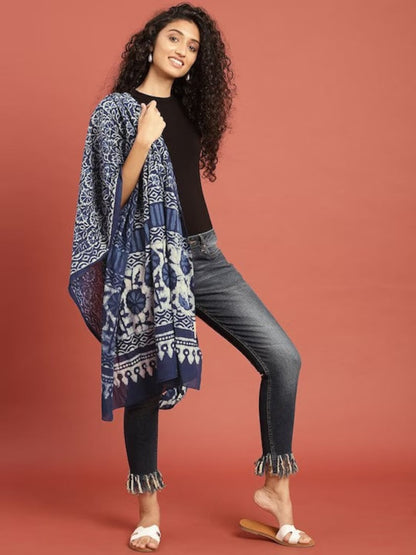 Women Indigo Hand Block Printed Sustainable Pure Cotton Dupatta