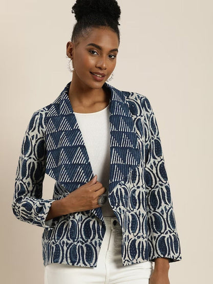 Women Indigo Dyed and Hand Block Print Open Front Patchwork Sustainable Jacket with Flared Hem/ India/ Ethnic/ Fusion Wear/