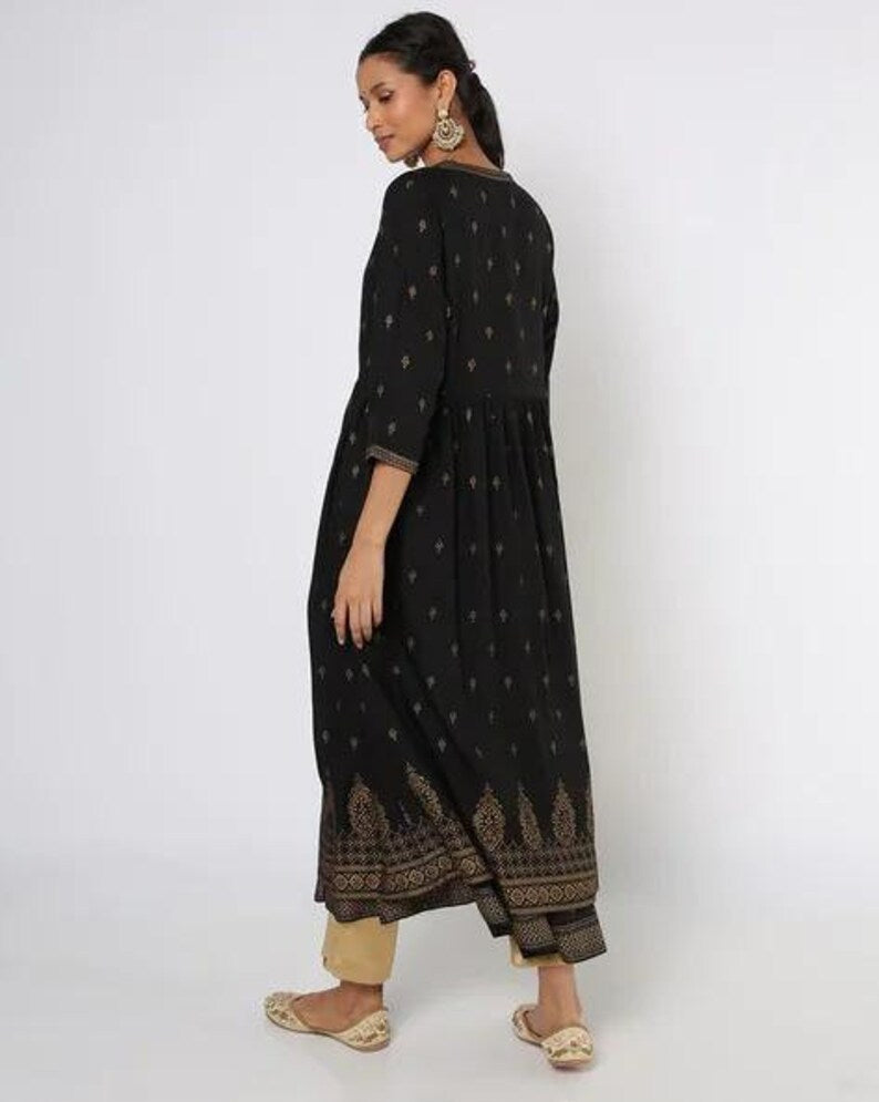 Handmade/Ethnic Cotton Long Kurta With Ethnic Jacket / Tunic/ Embroidered / Thread Work/ Batik Floral Print/ Summer Wear/ India/Boho/