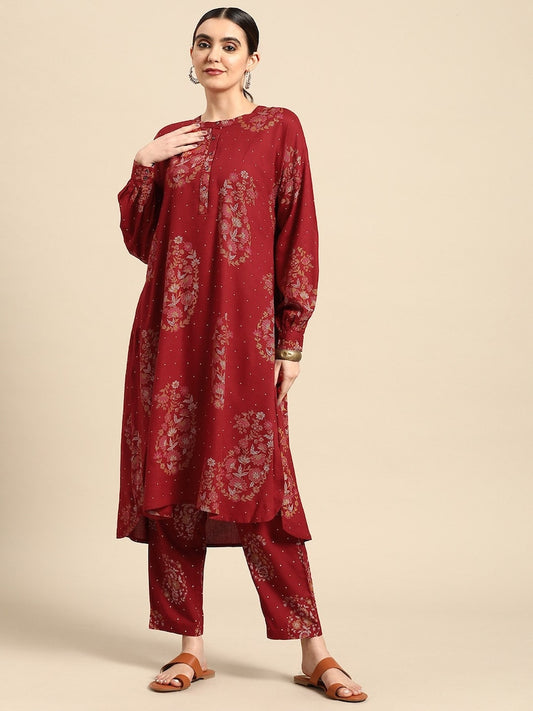 Red/  Off white printed Kurta with Trousers/ Mandarin Collar/ Cotton/ Linen Dress/ Pockets