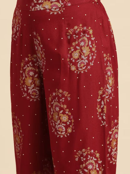 Red/  Off white printed Kurta with Trousers/ Mandarin Collar/ Cotton/ Linen Dress/ Pockets