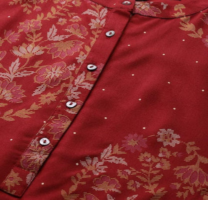 Red/  Off white printed Kurta with Trousers/ Mandarin Collar/ Cotton/ Linen Dress/ Pockets