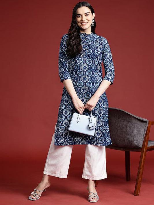 Dabu Print Long Linen Dress/ Kurta/ Cotton Silk/ Organic/ Indigo/