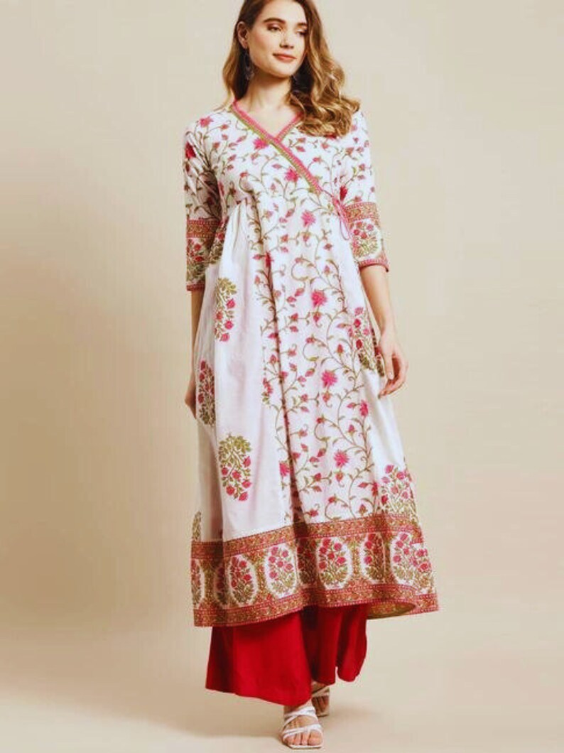 Pure Cotton Ethnic Motifs Printed A-Line Block Print Sanganeri Kurta/ Linen Kurta/