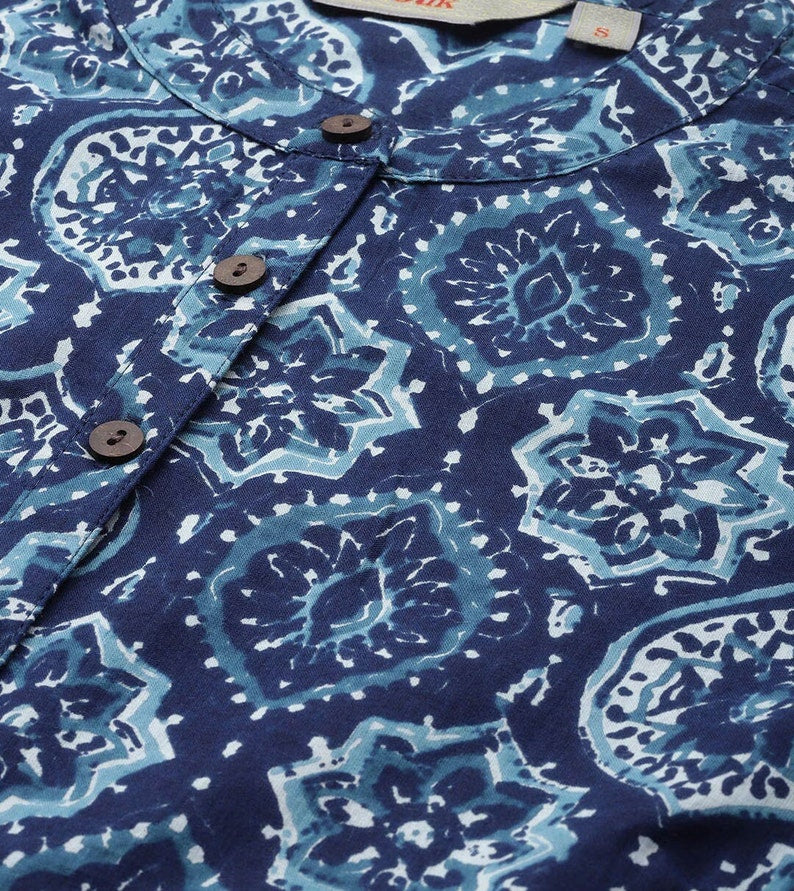 Dabu Print Long Linen Dress/ Kurta/ Cotton Silk/ Organic/ Indigo/