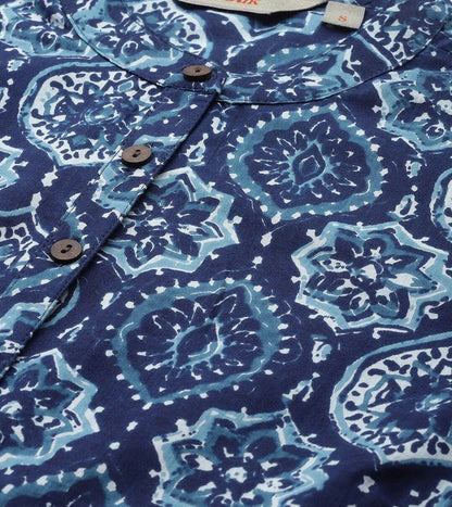 Dabu Print Long Linen Dress/ Kurta/ Cotton Silk/ Organic/ Indigo/