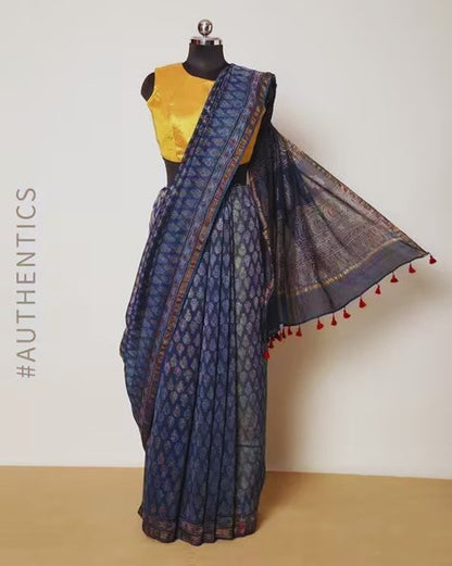 Kutch Ajrakh/ Hand-Blocked Dabu Print Saree/ Ajrakh/ Pure Cotton/ Chanderi Silk/ India/ Organic/