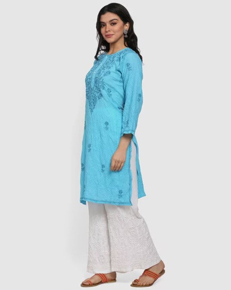 Kurta Palazzo Set/ Indian Wear Kurta Set/Cotton Linen Dress/Chinese Collar/ Dabu Print