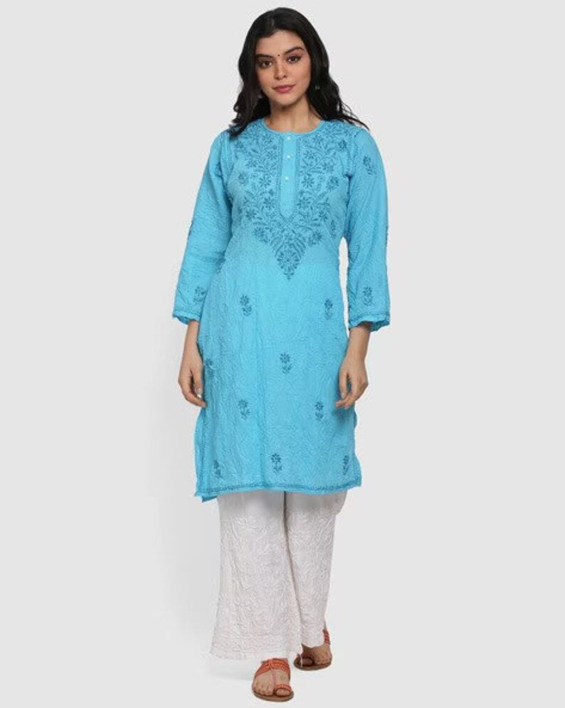 Kurta Palazzo Set/ Indian Wear Kurta Set/Cotton Linen Dress/Chinese Collar/ Dabu Print