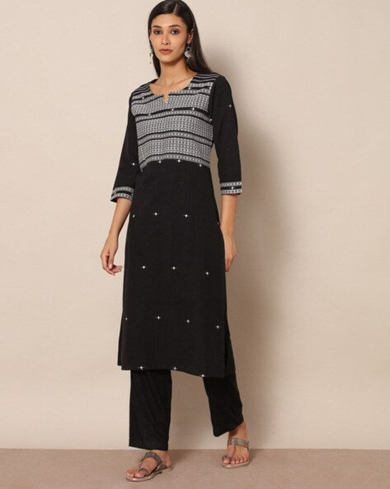 Black Thread work/ A-Line Kurta/Block Print/Batik Print/Ethnic/Ikat/tunic/India/cotton/boho/gypsy/Bollywood/summer wear/