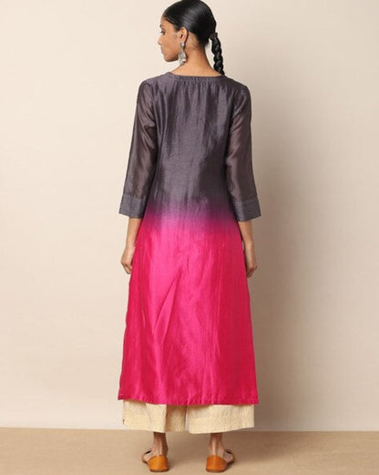 Chanderi silk Kurta/ Long linen Dress/ Ethnic/ Hand-block/ Embroidered/ Thread Work/