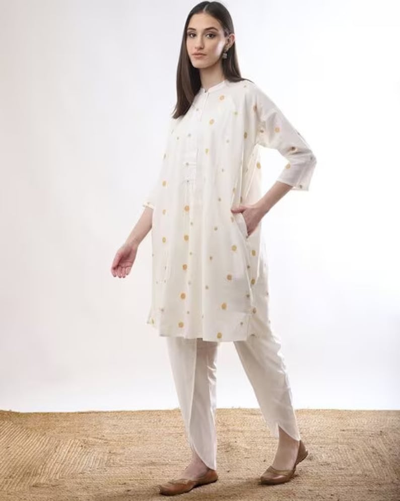 Beautiful Cotton Cream Motif Ikat Kurta with dhoti pant Set / Summer Dress/Shirt Dress/ Ethnic/