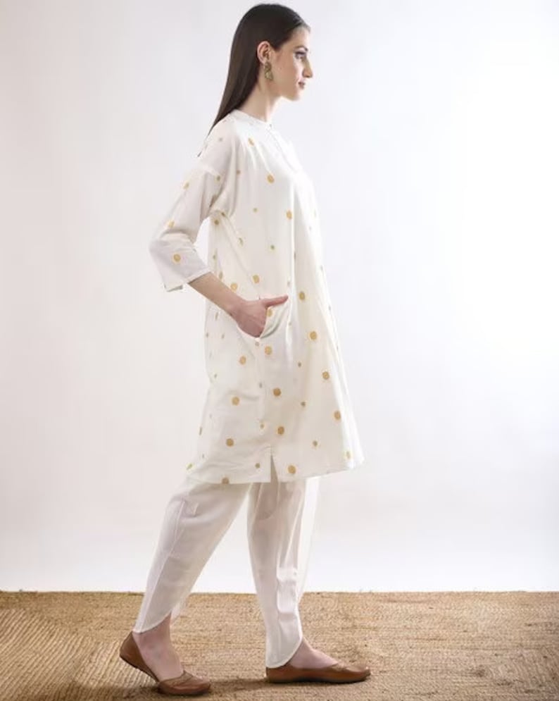 Beautiful Cotton Cream Motif Ikat Kurta with dhoti pant Set / Summer Dress/Shirt Dress/ Ethnic/