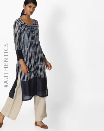 Dabu Print Long Linen Dress/ Kurta/ Cotton Silk/ Organic/ Indigo/