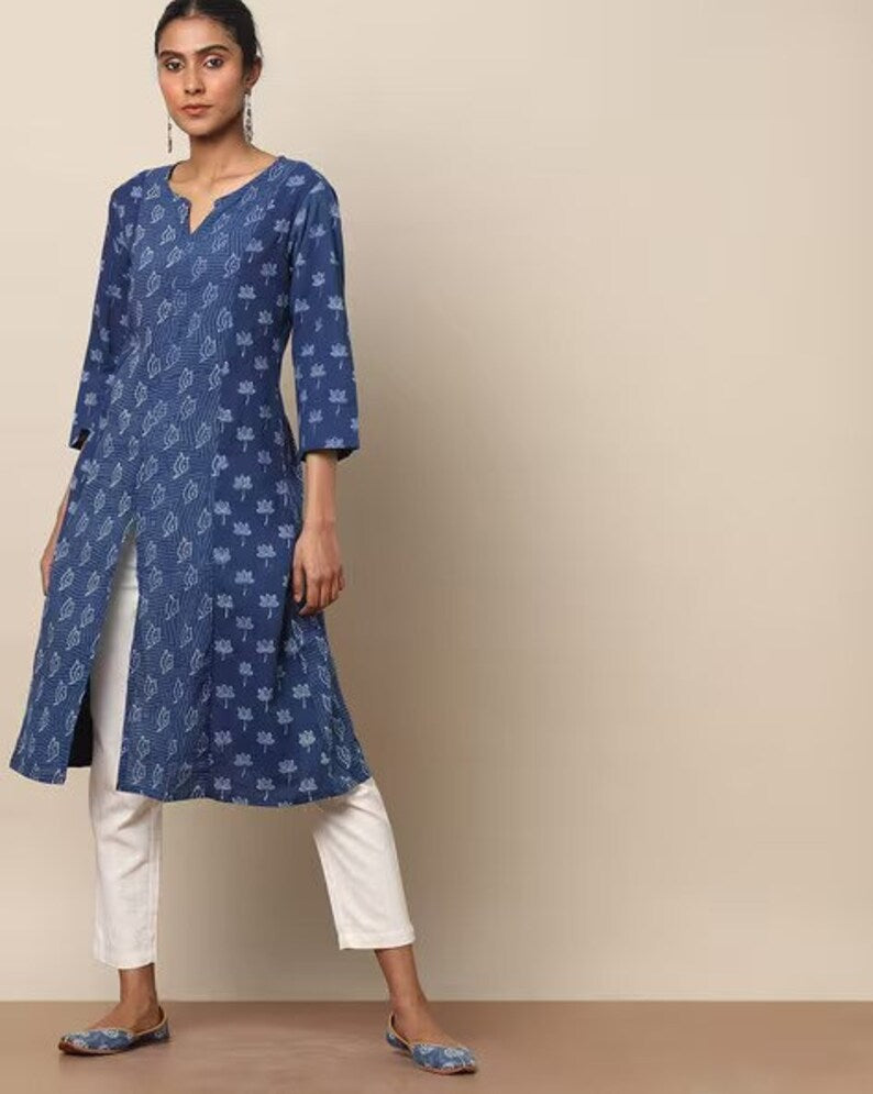 Indigo Hand Block Print Straight Sustainable Kurta with Pockets/ Organic Cotton/ Dabu Print