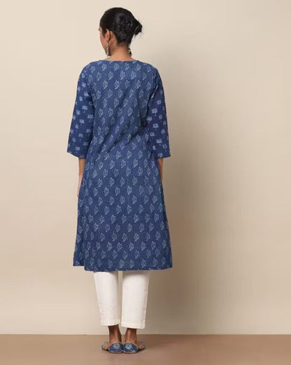 Indigo Hand Block Print Straight Sustainable Kurta with Pockets/ Organic Cotton/ Dabu Print