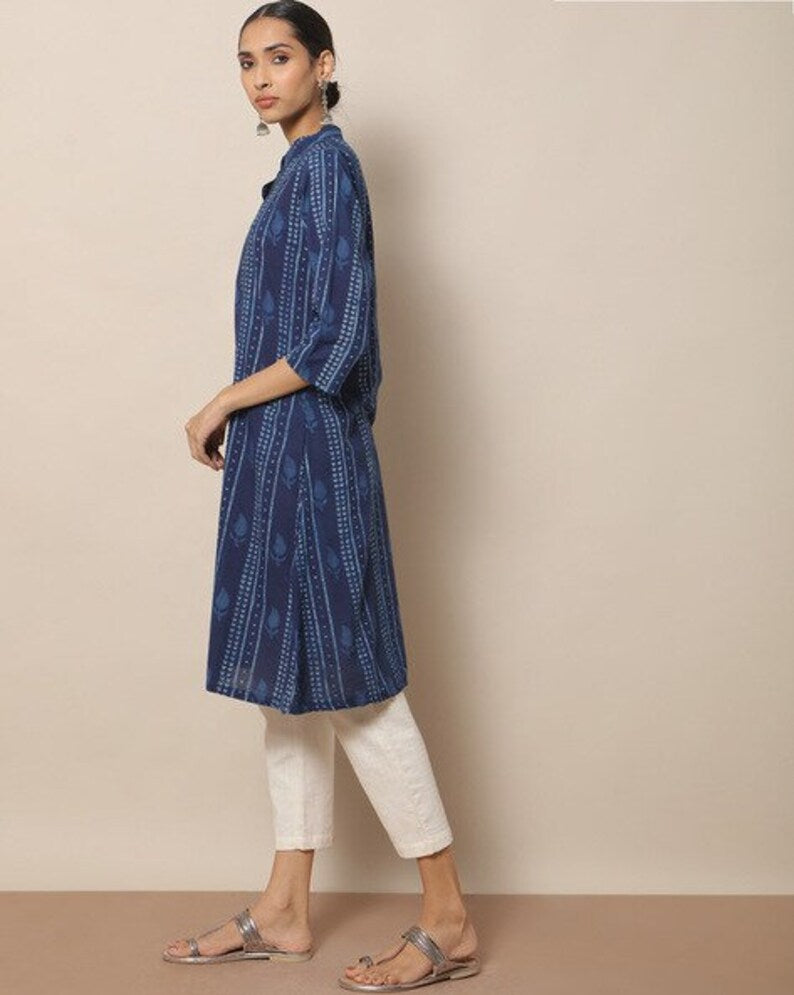 Indigo Hand Block Print Straight Sustainable Kurta with Pockets/ Organic Cotton/ Dabu Print