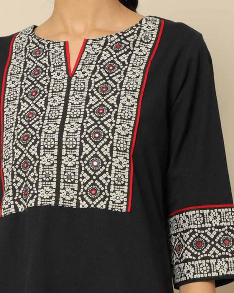 Ethnic Mirror Work Kurta/ Long straight Tunic/ Thread Work/Cotton/ Handmade/