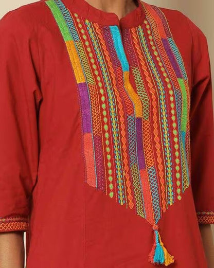 Ethnic Mirror Work Kurta/ Long straight Tunic/ Thread Work/Cotton/ Handmade/