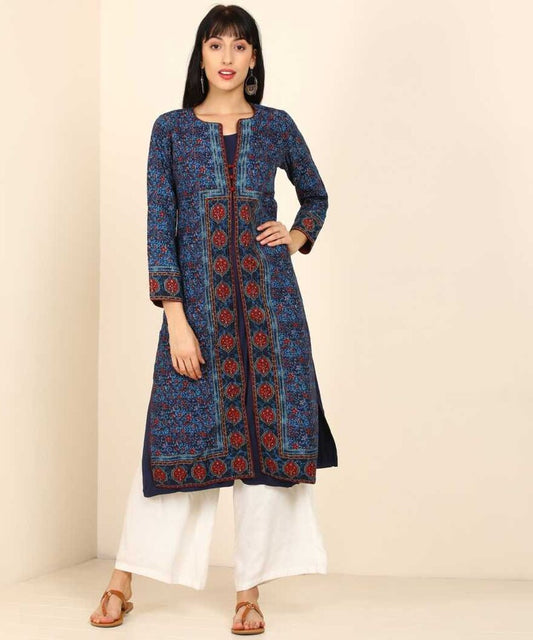 Pure Cotton Ethnic Motifs Printed A-Line Block Print Sanganeri Kurta/ Linen Kurta/