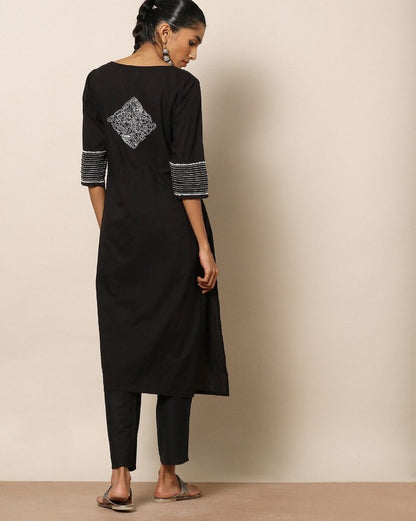 Black Embroidered Kanth work Cotton Kurta/ Indian Kurta/ Long Linen Dress/