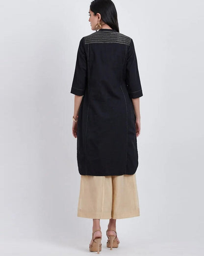 Black Embroidered Kanth work Cotton Kurta/ Indian Kurta/ Long Linen Dress/