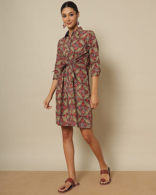 Linen Wrap Dress with belt /Tie-Back Detail/with pockets - split neck/3/4 sleeve/ shift dress/ Summer Cotton Dress