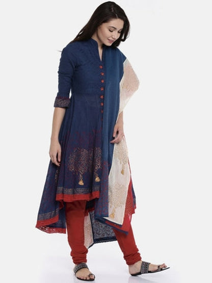 Long Linen Dress/Vintage/Ethnic solid Blue Embroidered/ Anarkali/ Asymmetric Cotton Kurta Set/ Bollywood /Summer Dupatta/Long Shirt/