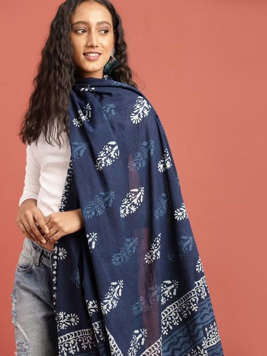 Women Indigo Hand Block Printed Sustainable Pure Cotton Dupatta