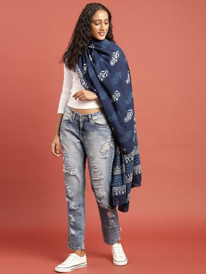 Women Indigo Hand Block Printed Sustainable Pure Cotton Dupatta