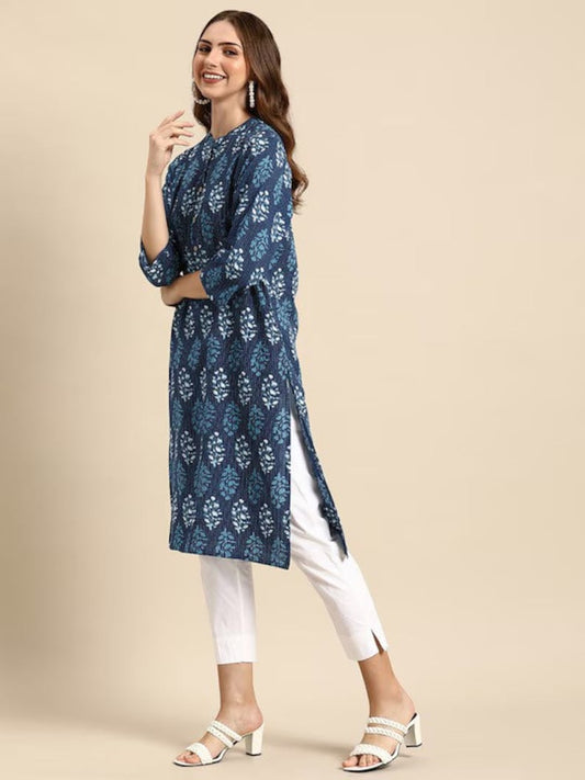 Dabu Print Long Linen Dress/ Kurta/ Cotton Silk/ Organic/ Indigo/