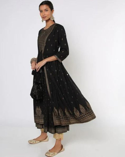 Handmade/Ethnic Cotton Long Kurta With Ethnic Jacket / Tunic/ Embroidered / Thread Work/ Batik Floral Print/ Summer Wear/ India/Boho/