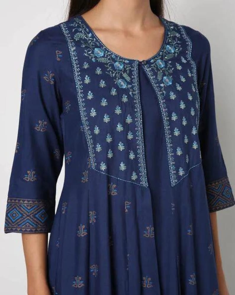 Handmade/Ethnic Cotton Long Kurta With Ethnic Jacket / Tunic/ Embroidered / Thread Work/ Batik Floral Print/ Summer Wear/ India/Boho/